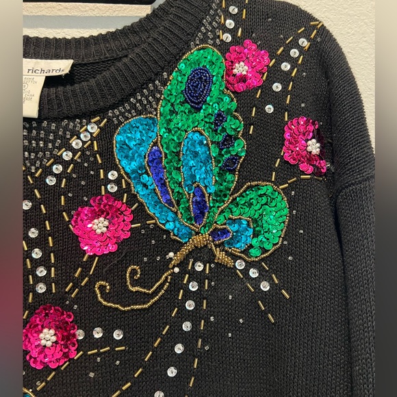 Vintage 80s Black Knit Sweater Dress Vibrant Sequin Butterflies Flowers Size 16 - Picture 5 of 6